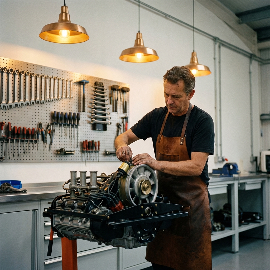 Skilled mechanic working on a classic car engine in our clean Staten Island workshop